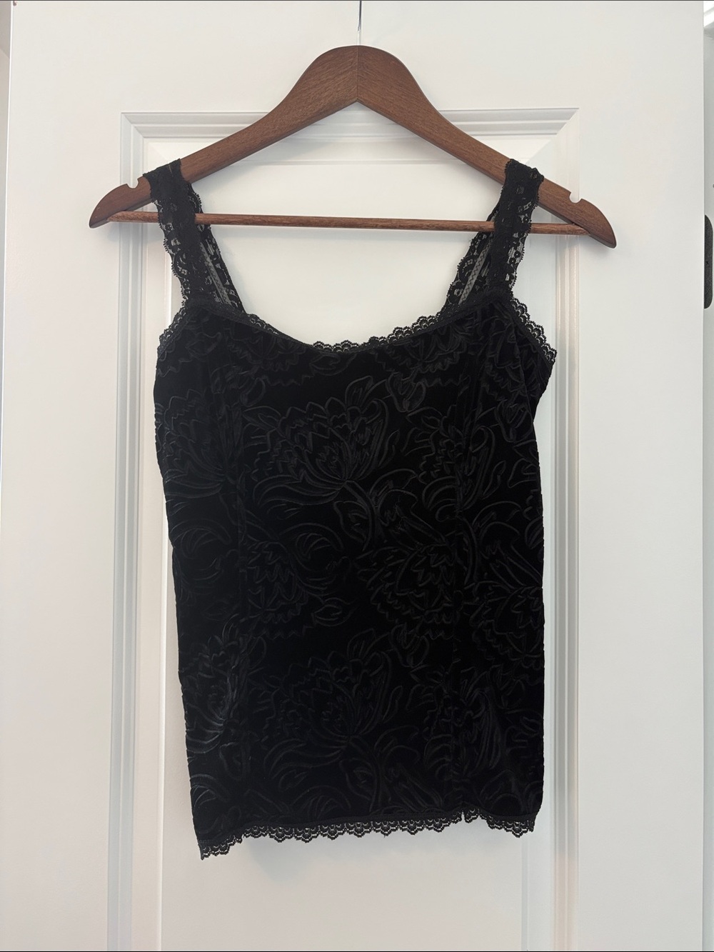 White House Black Market Black Velvet Floral Burnout Lace-Trim Camisole